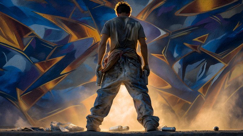 Street artist creates vibrant mural in urban setting at dusk Free Premium Stock Photo - stock photo