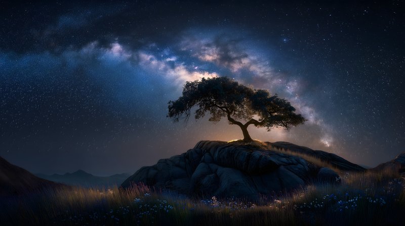 Night sky shines bright above a lone tree on a rock Free Premium Stock Image - stock photo