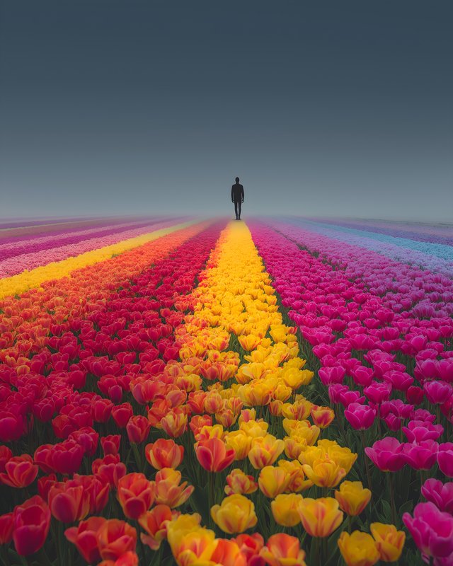 Tall person walking through colorful flower field at dusk Free Premium Stock Image - stock photo