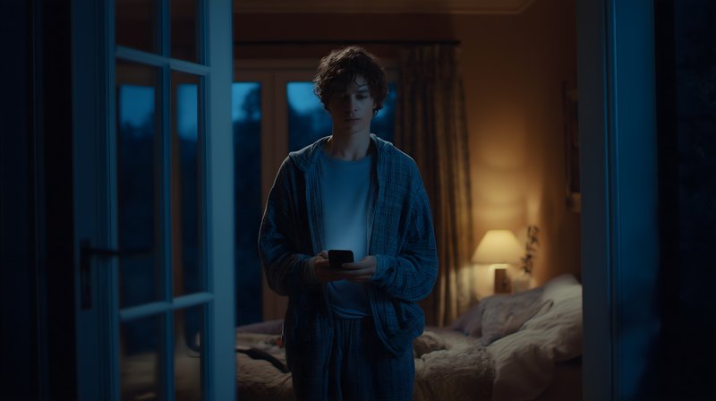 Person stands at an open door holding a phone at night Free Premium Stock Image - stock photo