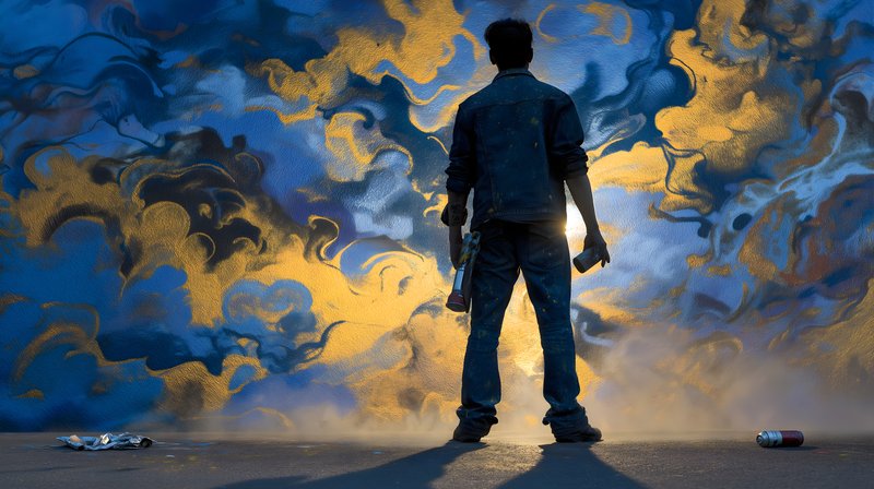 Person stands before a wall as they paint a mural Free Premium Stock Photo - stock photo