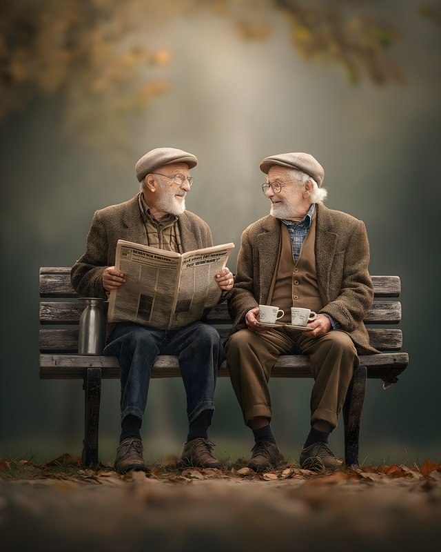 Two men sit on a bench and share stories with each other Free Premium Stock Image - stock photo