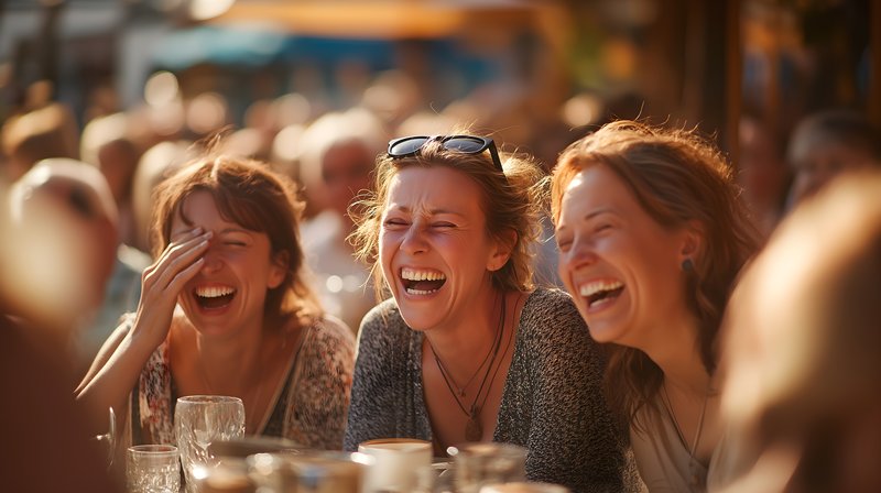 Friends enjoy a moment of laughter at a busy outdoor café Free Premium Stock Photo - stock photo