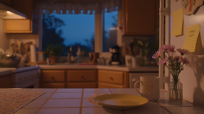 Evening time in a home kitchen with a view outside Free Premium Stock Photo - stock photo