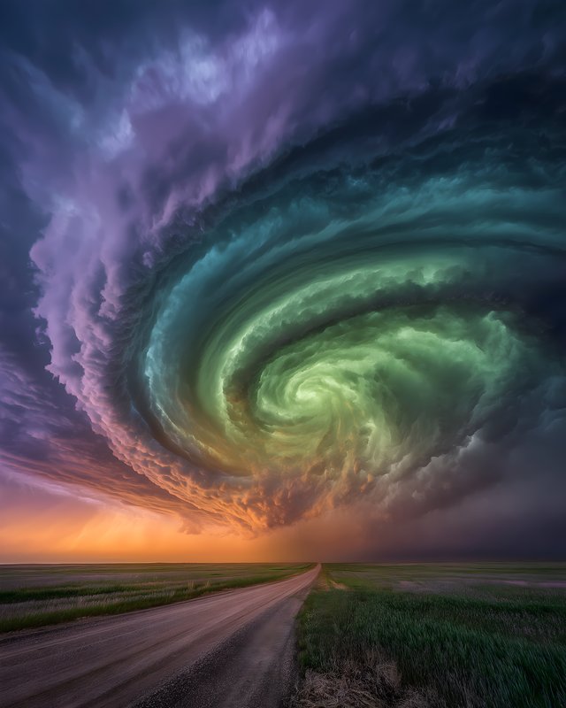 Swirling clouds above a dirt road at sunset near open fields Free Premium Stock Photo - stock photo