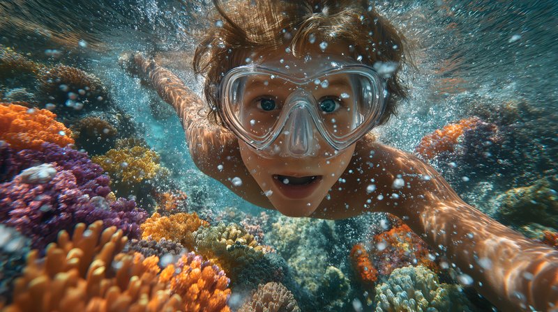 Child swims through colorful coral reefs in clear water Free Premium Stock Photo - stock photo