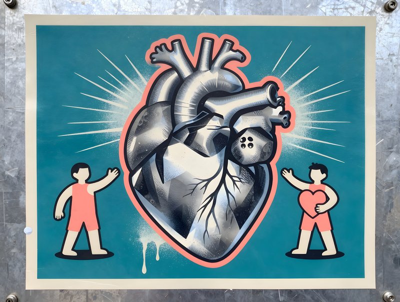 Two figures show respect for a heart artwork on display Free Premium Stock Photo - stock photo
