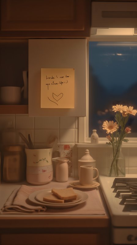 Note on a kitchen cabinet with flowers and breakfast items Free Premium Stock Image - stock photo