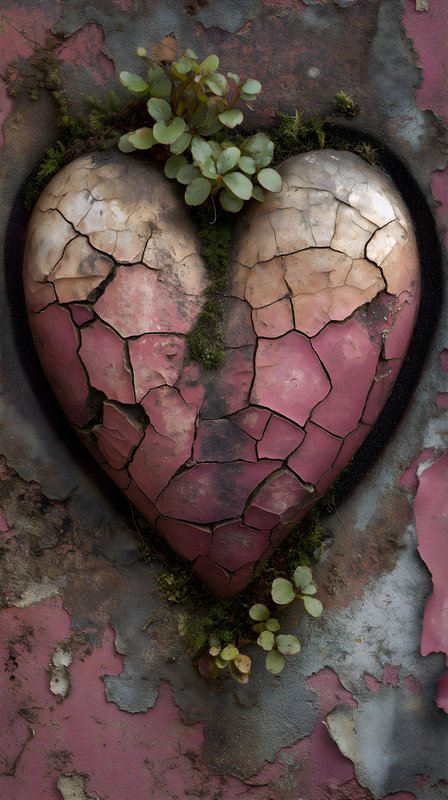 Cracked heart shape on a weathered wall with plants Free Premium Stock Photo - stock photo
