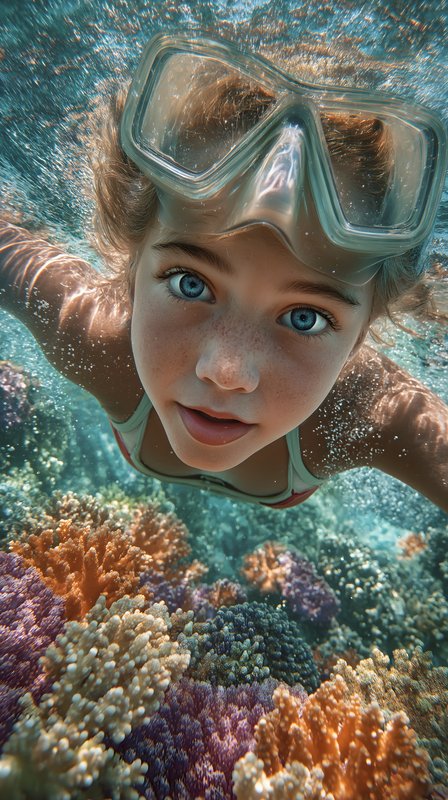 Girl swims in coral reef while snorkeling in clear water Free Premium Stock Photo - stock photo