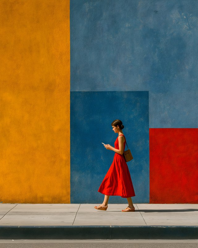 Woman walking by colorful wall while using her phone Free Premium Stock Image - stock photo