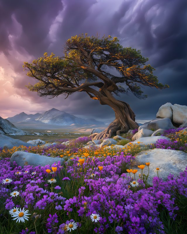 Tree stands in a field of flowers under a cloudy sky Free Premium Stock Photo - stock photo