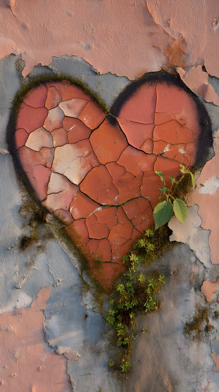 Cracked heart shape on a wall with green plants growing Free Premium Stock Image - stock photo