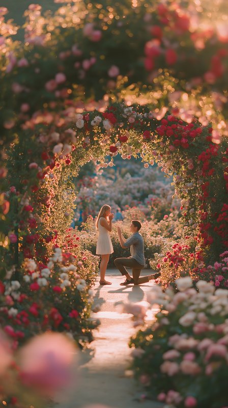 Couple enjoys a moment in a flower garden during sunset Free Premium Stock Photo - stock photo