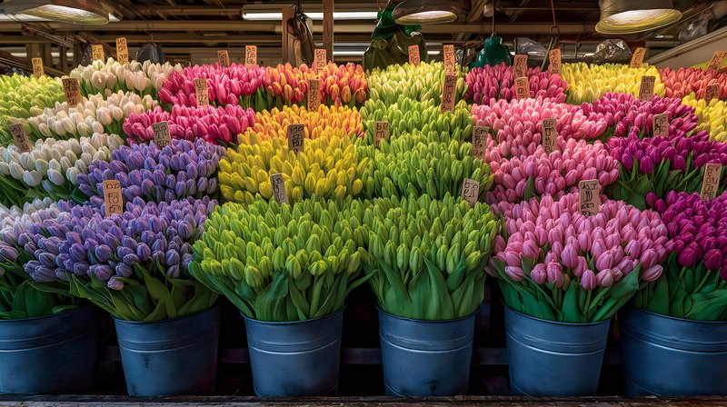 Colorful flowers arranged in pots at a market during spring Free Premium Stock Image - stock photo