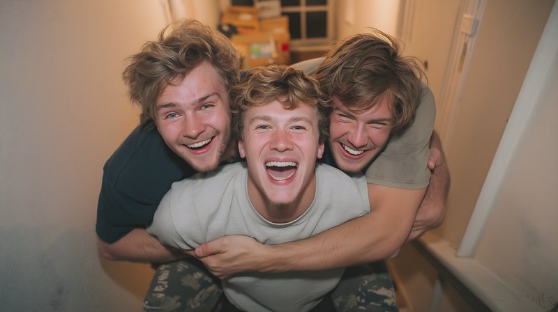 Three friends having fun on a staircase at home Free Premium Stock Photo - stock photo
