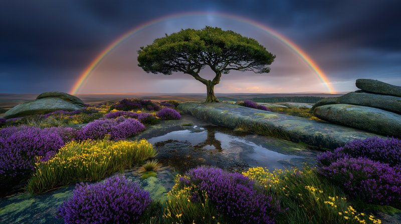 Rainbows and trees on a landscape with flowers and rocks Free Premium Stock Image - stock photo