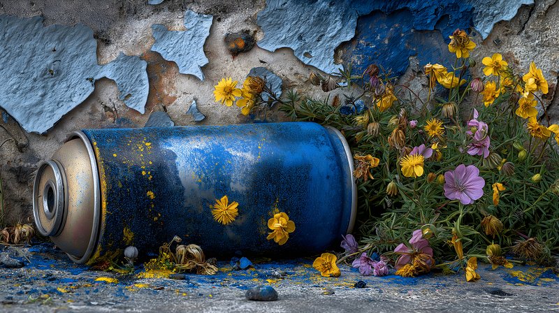 Spray can with flowers near a cracked wall in a sunny spot Free Premium Stock Image - stock photo