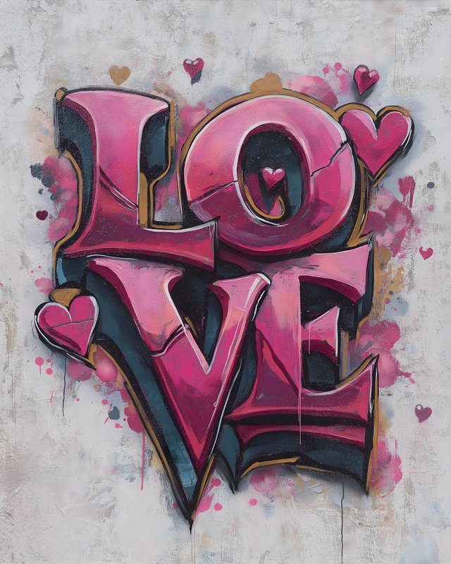 Bright graffiti art on wall featuring word love with hearts Free Premium Stock Image - stock photo