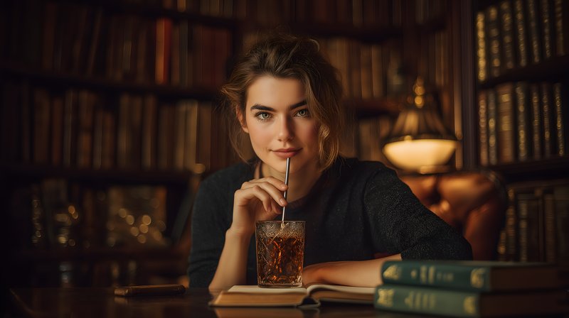 Woman sitting with a drink in a library during evening hours Free Premium Stock Photo - stock photo