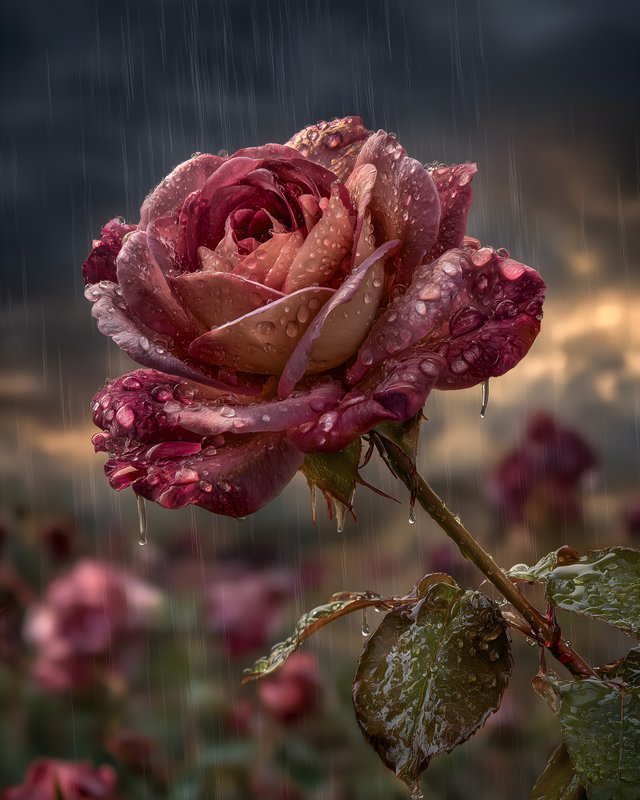 Rain falls on a blooming rose in a garden setting Free Premium Stock Image - stock photo