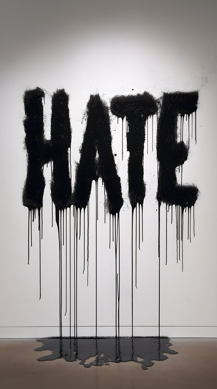 Bold letters spell hate on a gallery wall in a modern space Free Premium Stock Image - stock photo