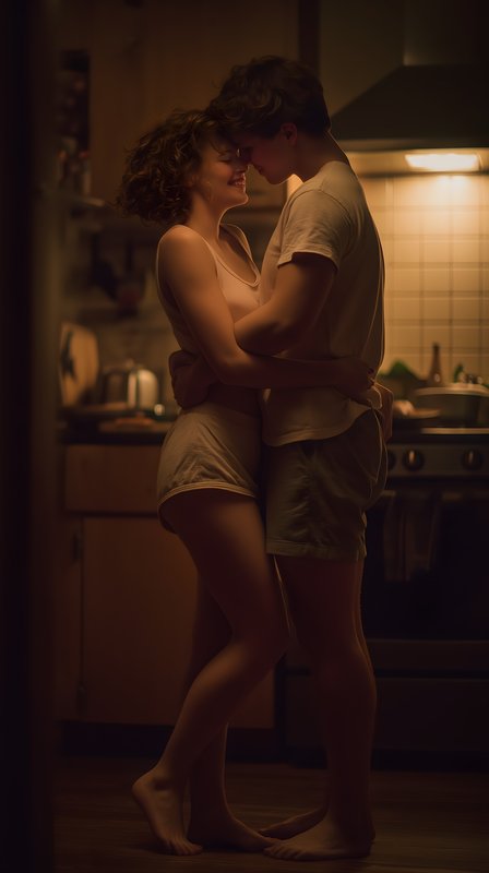 Couple shares a moment in a cozy kitchen at night Free Premium Stock Photo - stock photo