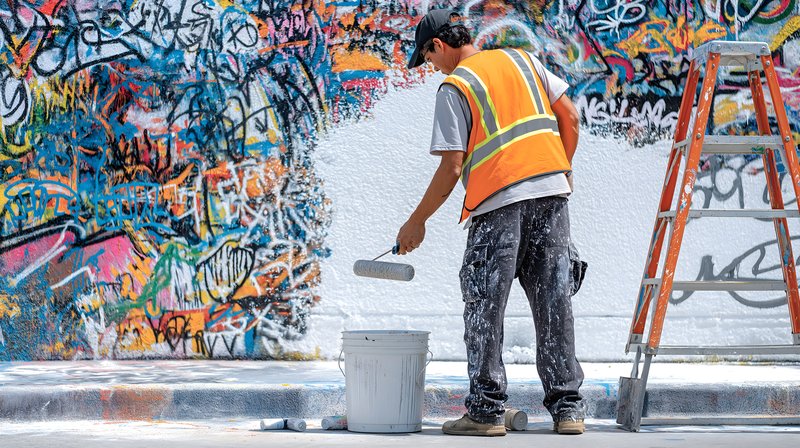 Worker paints a wall in a busy urban area during the day Free Premium Stock Image - stock photo