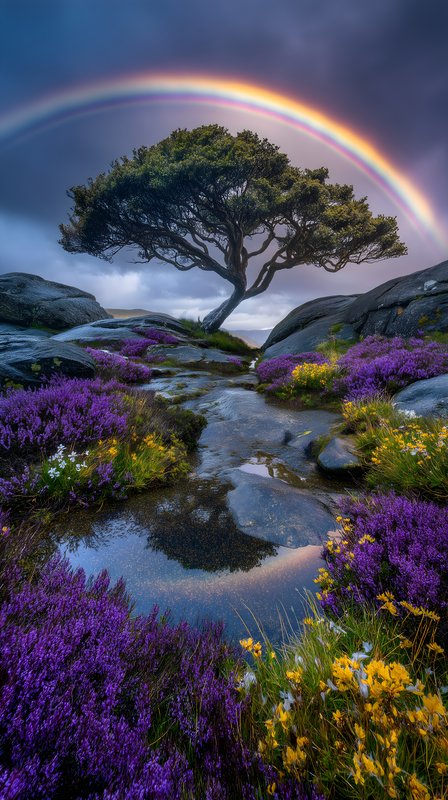 Rainbow over a tree with flowers beside a rocky path Free Premium Stock Image - stock photo