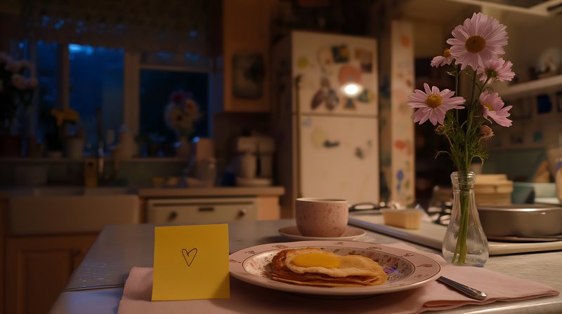 Breakfast on the table in a quiet kitchen at dusk Free Premium Stock Photo - stock photo