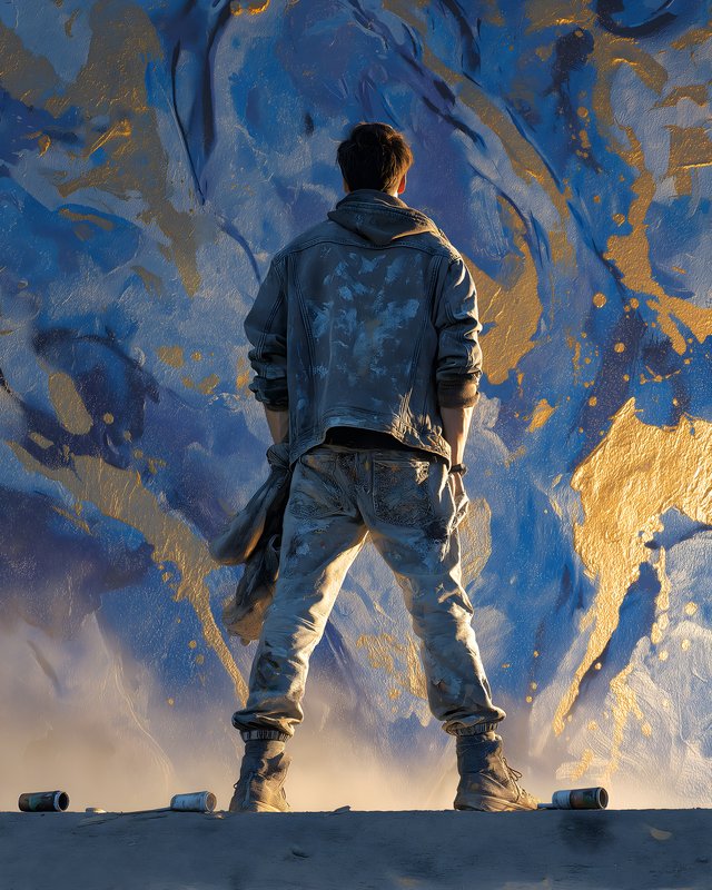 Young artist stands before colorful mural at sunset Free Premium Stock Image - stock photo