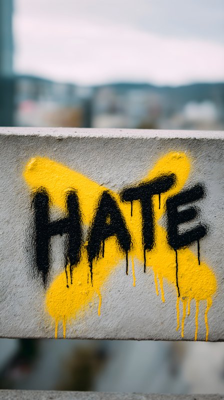 Message marked on a wall in yellow paint against hate Free Premium Stock Photo - stock photo