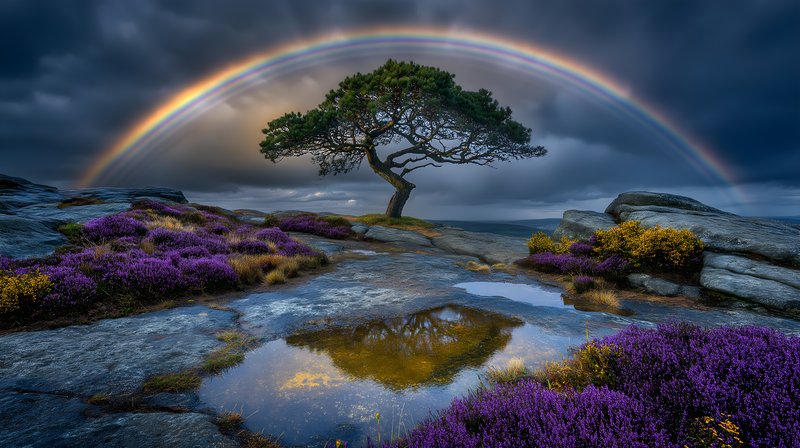 Tree stands in landscape under a rainbow in twilight hours Free Premium Stock Photo - stock photo