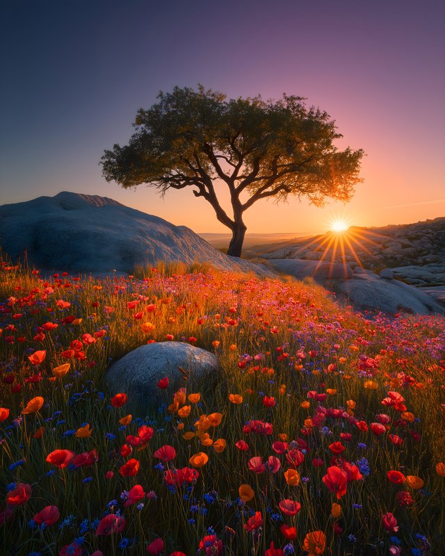 Sunset over flowers and a tree on a rocky landscape Free Premium Stock Photo - stock photo