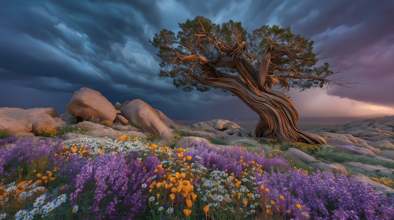 Tree stands strong next to flowers under dark clouds Free Premium Stock Image - stock photo