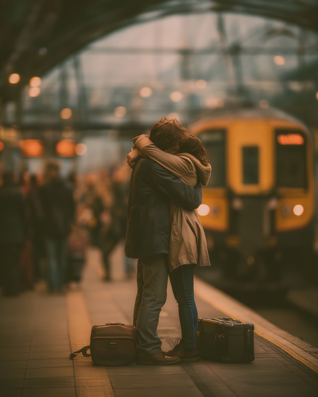 Couple embraces on train station platform before departure Free Premium Stock Photo - stock photo