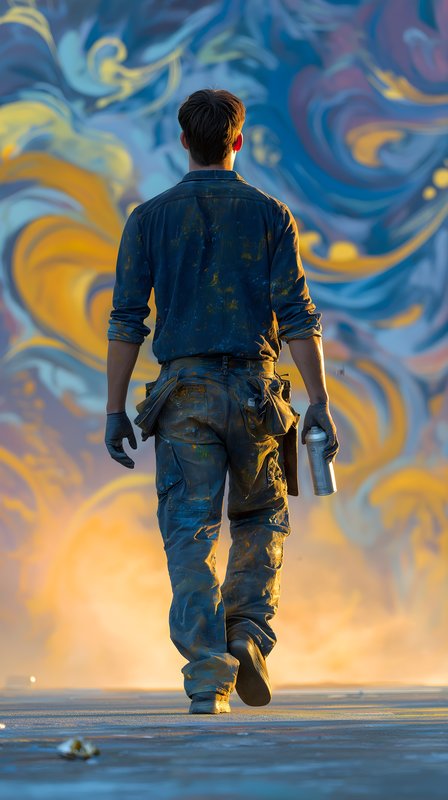 Artist walks toward a colorful wall in a bright setting Free Premium Stock Photo - stock photo