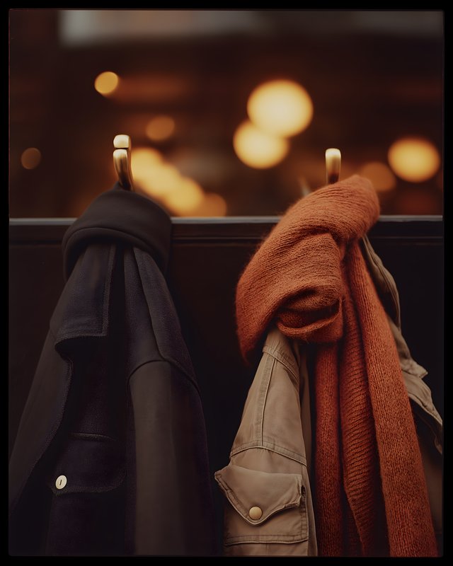 Warm coats hanging on hooks in a cozy indoor setting Free Premium Stock Photo - stock photo