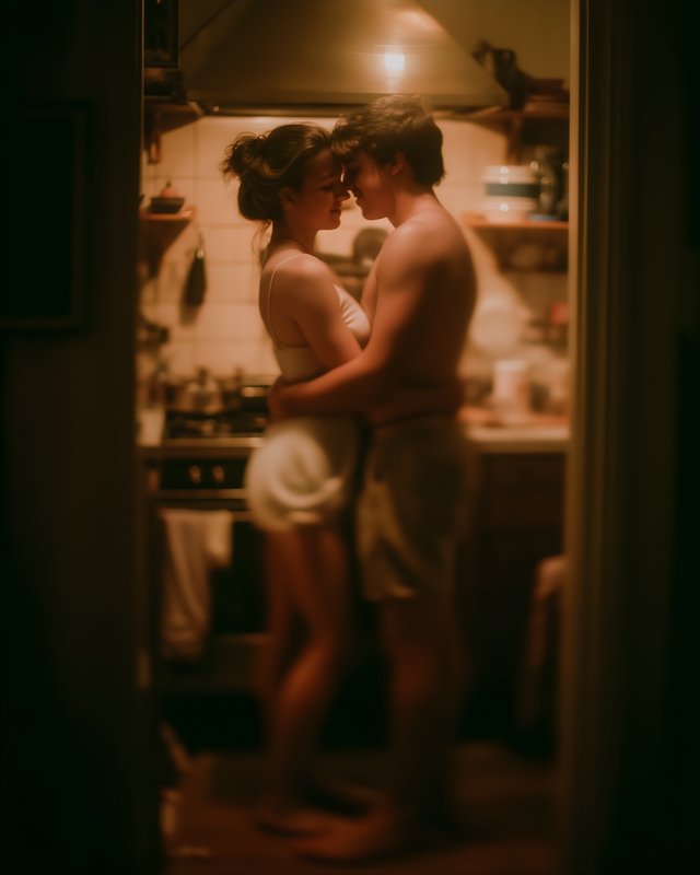 Couple embraces in kitchen during night time activity Free Premium Stock Photo - stock photo