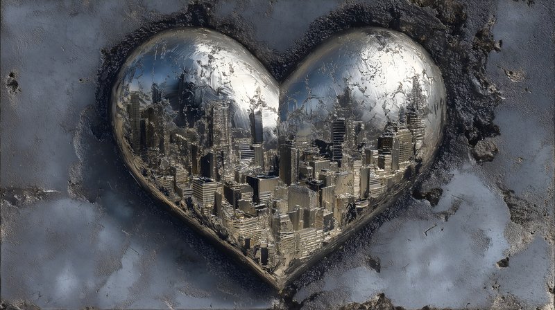 City scene captured in a heart shape on metal surface Free Premium Stock Image - stock photo