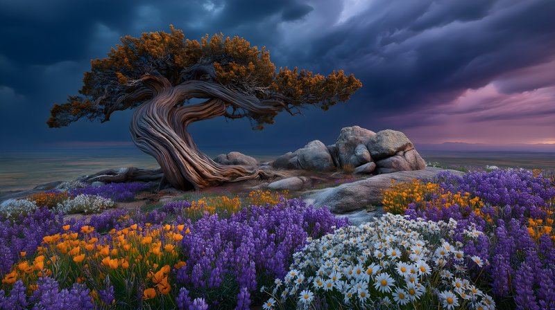 Winding tree stands near rocks and flowers during sunset time Free Premium Stock Photo - stock photo