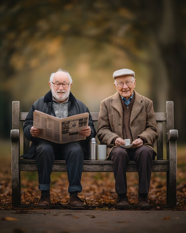 Two men sit on a bench reading and enjoying time together Free Premium Stock Photo - stock photo
