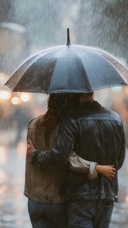 Couple stands under umbrella in the rain on a city street Free Premium Stock Image - stock photo