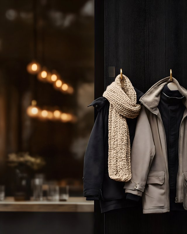 Coats and scarf hanging inside a cozy cafe during fall Free Premium Stock Image - stock photo