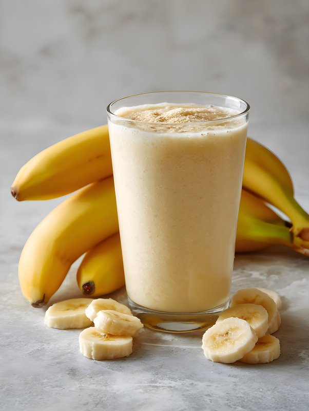 Smoothie with bananas ready to drink in a glass on a table Free Premium Stock Photo - stock photo