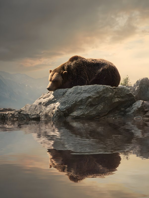 Bear resting on a rock by water in the mountains Free Premium Stock Photo - stock photo