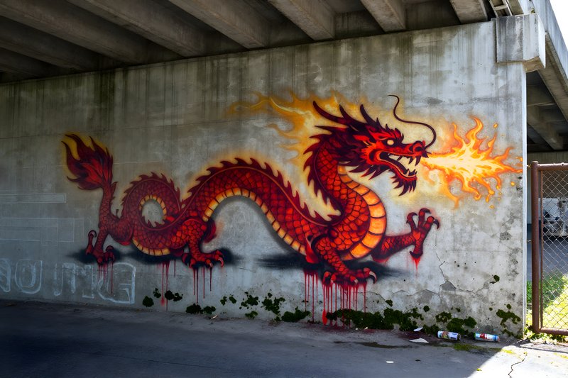 Colorful dragon mural on wall under bridge in urban area Free Premium Stock Photo - stock photo