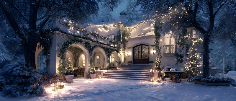 Winter evening at a cozy house decorated for the holidays Free Premium Stock Photo - stock photo