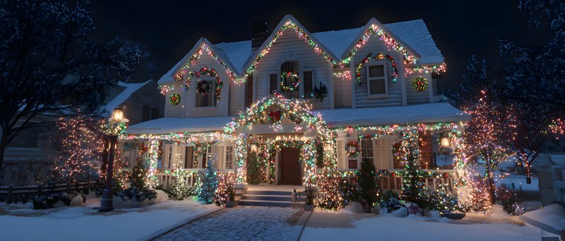 Winter scene shows a house decorated with lights Free Premium Stock Image - stock photo
