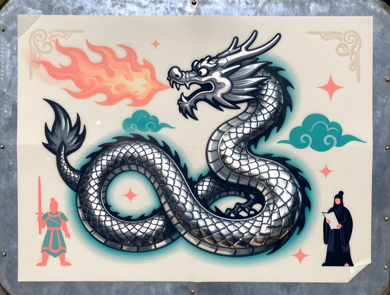 Dragon mural with two figures and clouds in urban setting Free Premium Stock Photo - stock photo